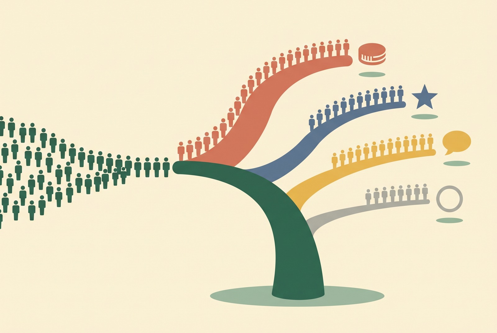 Bayesian Adaptive Design: a stream of arriving customers is routed up four branches of a tree, each branch carrying a different share of traffic to a different retention offer