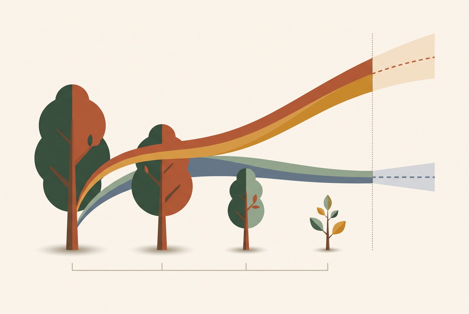 Two treatment-effect trajectories separating over time above a row of trees of decreasing size: one climbs and keeps climbing, the other flattens, and past a dotted line both continue as dashed projections inside widening bands