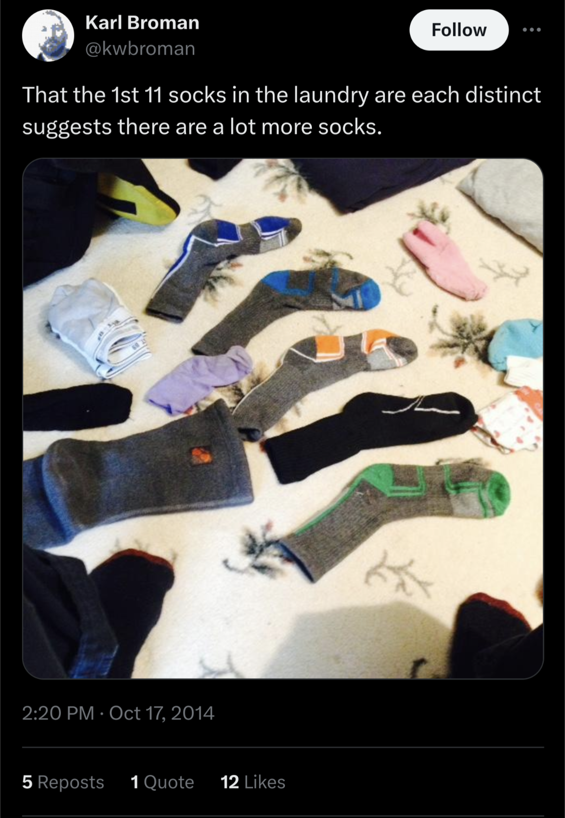 [Karl Broman's Socks](https://x.com/kwbroman/status/523221976001679360)